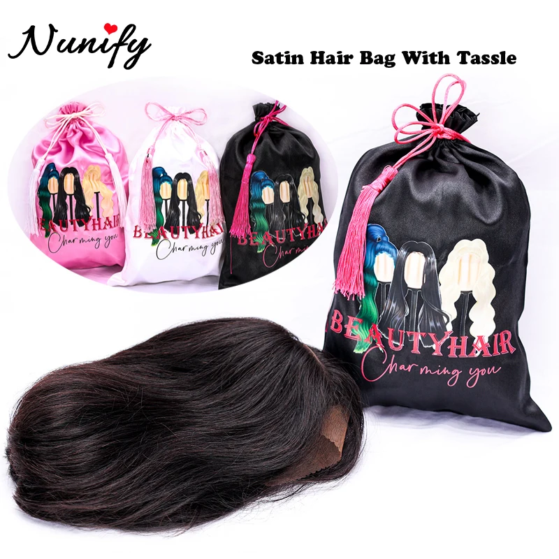 5Pcs Printed Logo Wig Bags With Tassel Custom Drawstring Satin Hair Storage Bag For Bundles Black Soft Silk Pouches Travel Bags