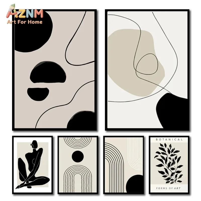 Neutral Black Beige Abstract Line Wall Art Set of  Woman Body Line Canvas Prints Living Room Decor Unframed