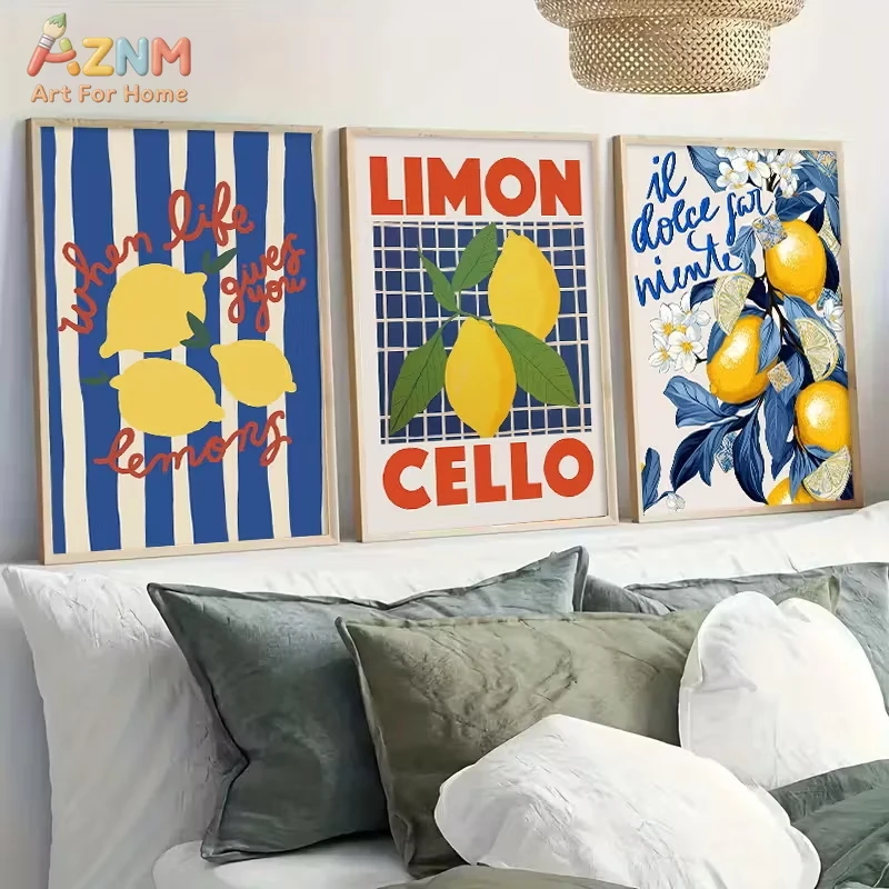 3PCS Retro Lemon Themed Canvas Prints Limoncello Quote Blue Striped Floral Art Posters Unframed for Kitchen Living Room Aestheti