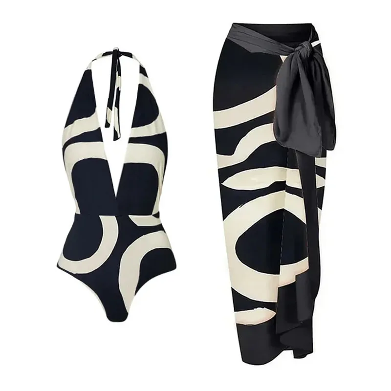 One-piece Women Swimwears Beach Vacation Print Swimsuit Beach Style Wear Skirt Single-Shoulder bikinihigh-Waisted