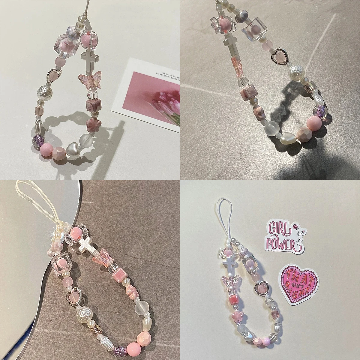 Korean Cute Charm Pink Butterfly Love Heart Phone Chain For Iphone Women Girl Jewelry Strap Beaded Lanyard Hanging Cord Bracelet