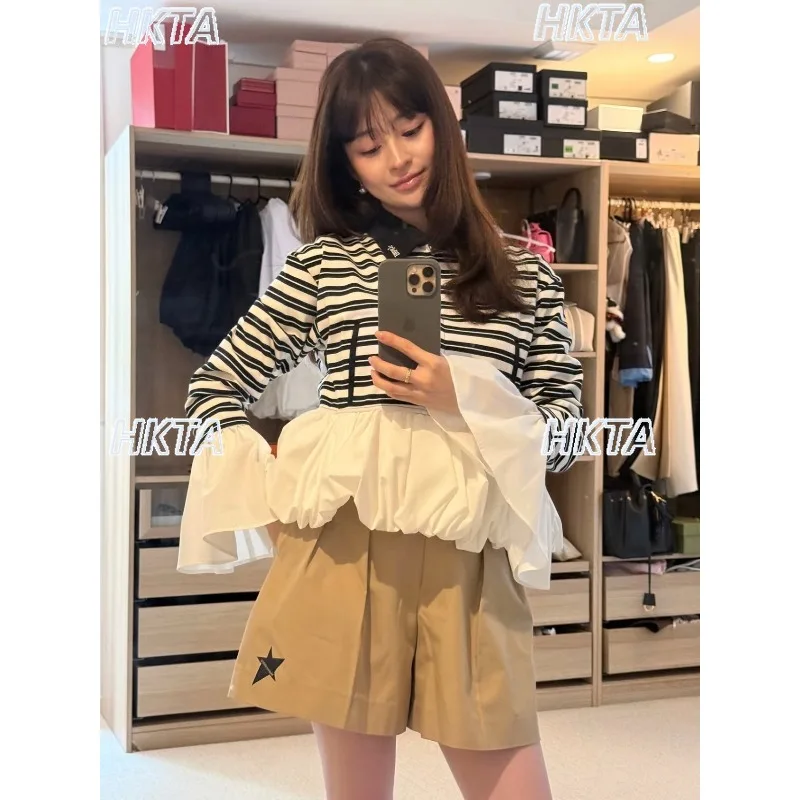 Original Japanese Splicing Bud Hem Lapel Long-sleeved Striped Top Autumn New Fashion Simple Daily Office Lady Thin Coat Cardigan