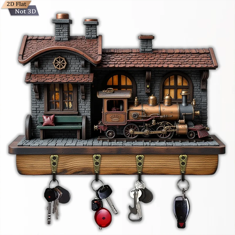 2D Flat, 1pc Classic Steam Train Station Key Hook, Wooden Multi-Functional Home Key Holder with Four Metal Hooks, Wall Decor,