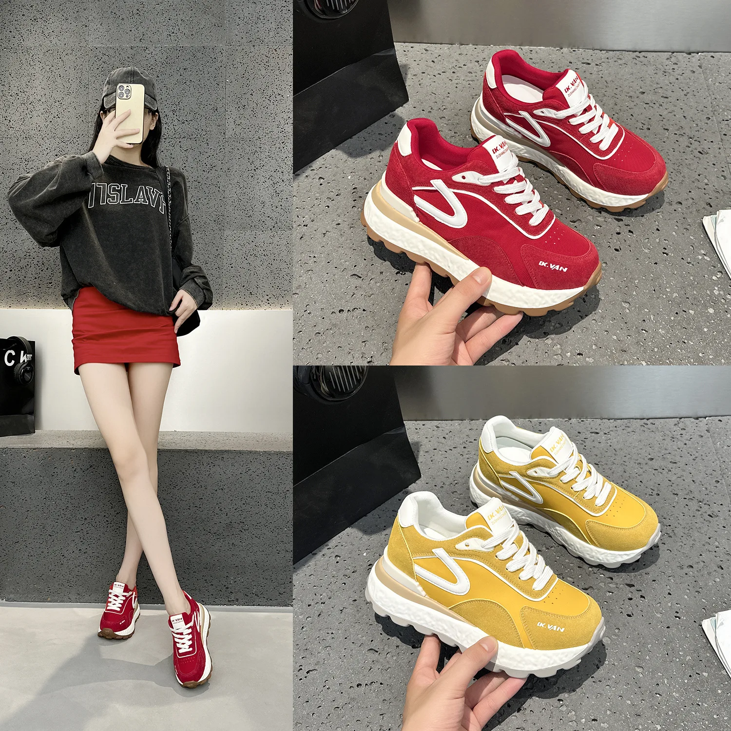 

7cm Women's sports shoes zapatillas de mujer yellow Red outdoor running shoes Thick soled height increase comfortable woman shoe