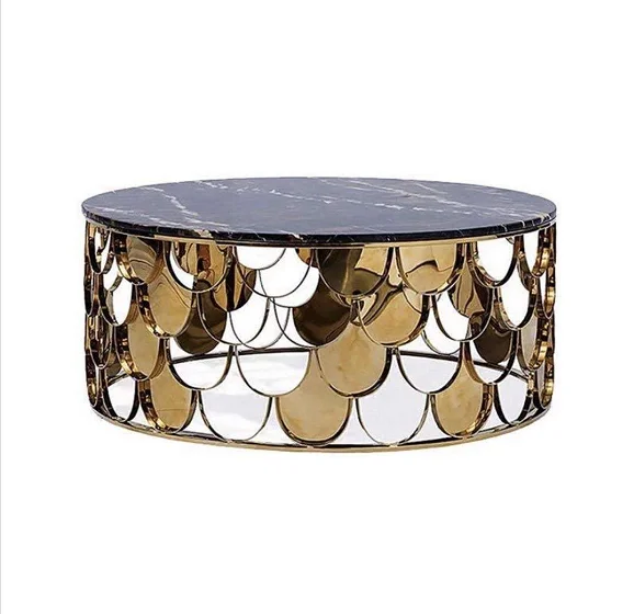 bv-Modern Round Marble Table Top With Stainless Steel Frame Fish Scale Coffee Table for Home Coffee·