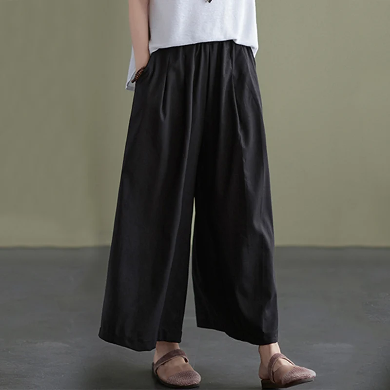 Casual algodão linho cor calças de perna larga solto ajuste feminino plus size a linha confortável cintura elástica