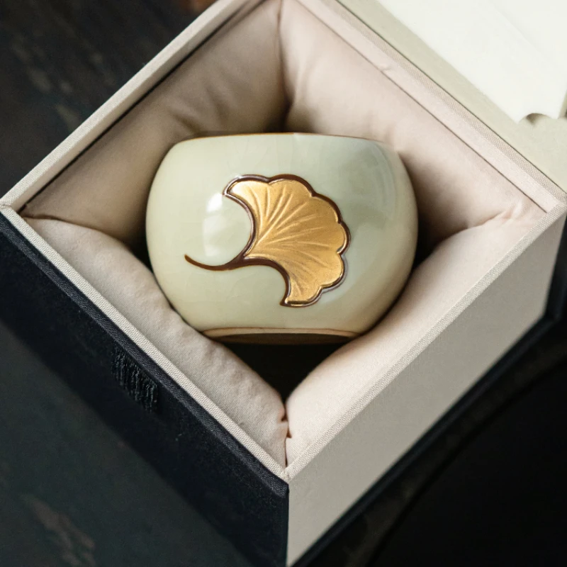 Gilded Ginkgo Leaves Tea Cup, Rice Yellow Ru Kiln Tea Cup, Zen Meditation, High End Master Single Cup, Home Drinking