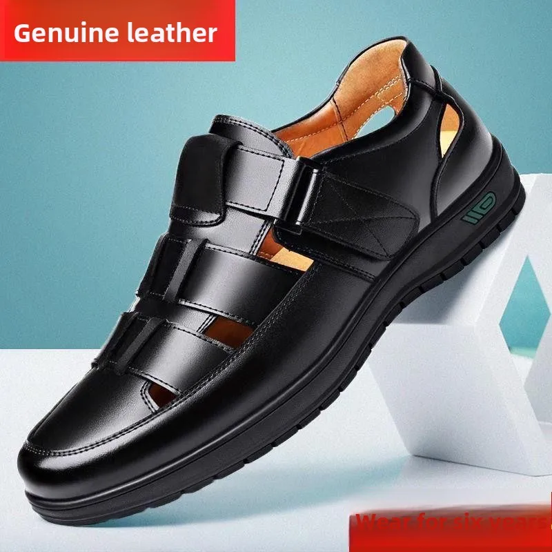 Leather Men's Casual Sandals Breathable Hollow out Design Summer Outdoor Fashion Single Shoes PU Lined Rubber Outsole