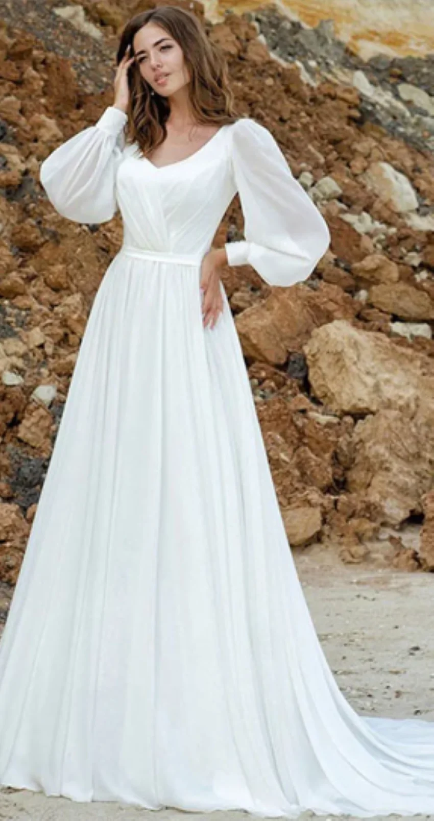 

Othray Women Vestido De Novia Long Chiffon Elegant V-Neck A-Line Backless Bridal Gown Robe Mariée Puff Sleeve Wedding Dresses