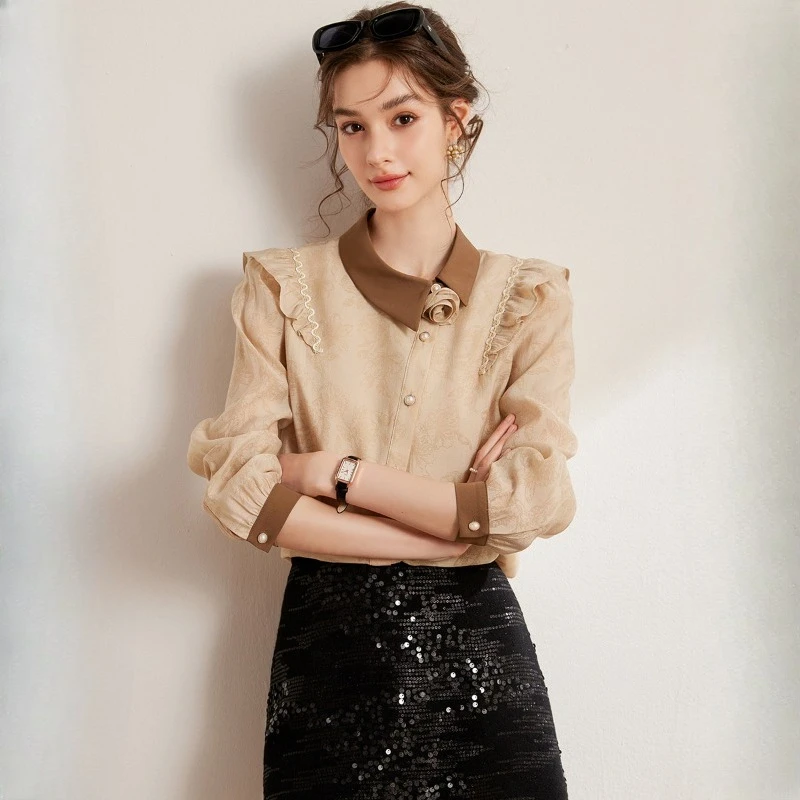 

Vintage Women's Blouses Printed Casual Shirts Fashion Loose Spring/autumn Clothing Ruffled Long Sleeved Chiffon Women Tops