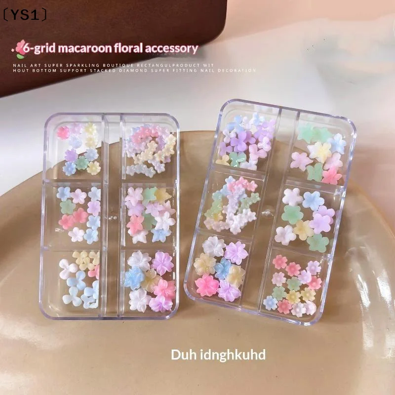 〔YS1〕Cute 3D Pastel Macaron Flower Nail Art Charms With 6 Grid Storage Box Perfect For DIY Nail Design Home Salon Use
