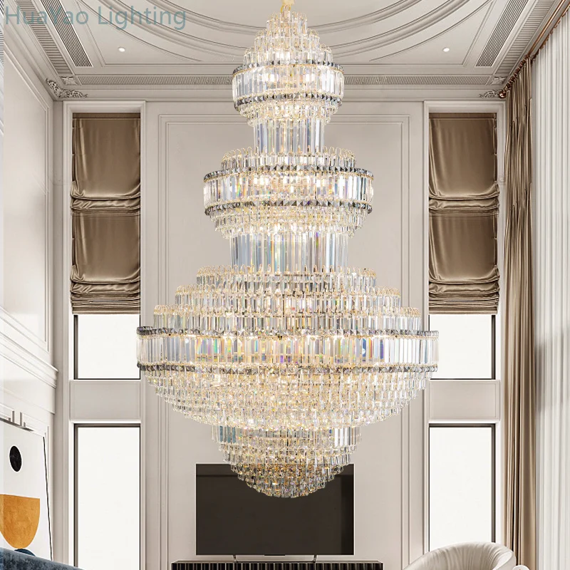 2024New European Duplex Large Chandelier Villa Building Middle Floor Living Room Crystal Lamp Hollow Hall Long Chandelier Luxury