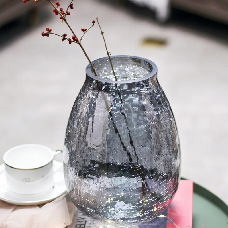 Creative Large Light Luxury Cracked Ice Flower Glass Vase Transparent Flower Ware American Home Decoration Ornament
