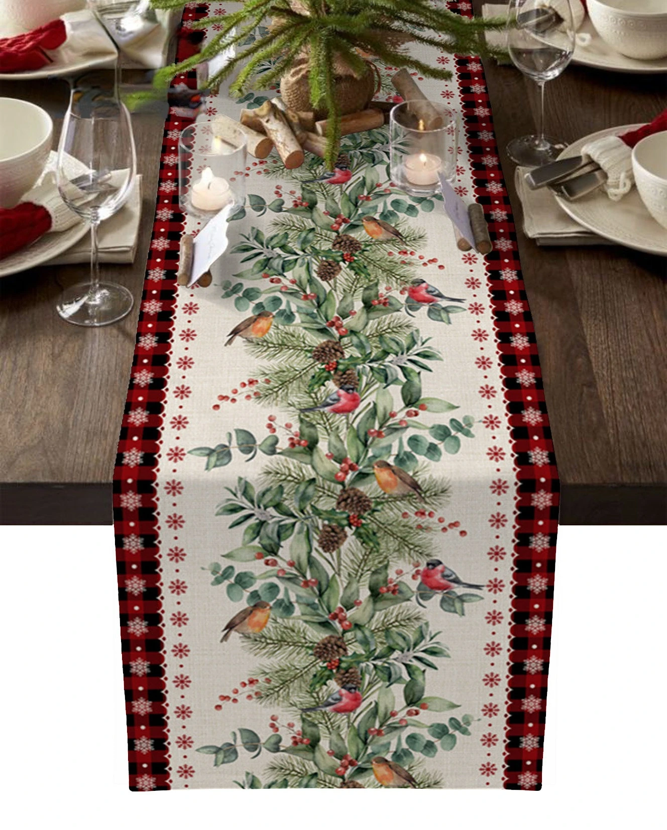 Christmas Eucalyptus Berries Robin Table Runner Christmas Cotton Linen Wedding Decoration Tablecloth Home Party Decoration