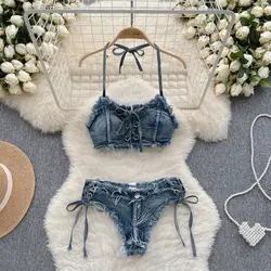 Conjunto sexy de biquíni jeans para mulheres, colete de sutiã, shorts de cintura baixa, maiô maiô, roupa de banho, verão, 2024