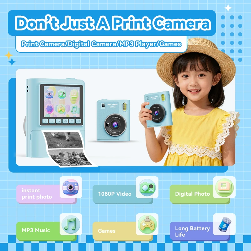 Christmas Gift Kids' Camera 2.4-inch Display 8X Zoom Instant Printing Portable Digital Camera Suitable For Kids Ages 3-12