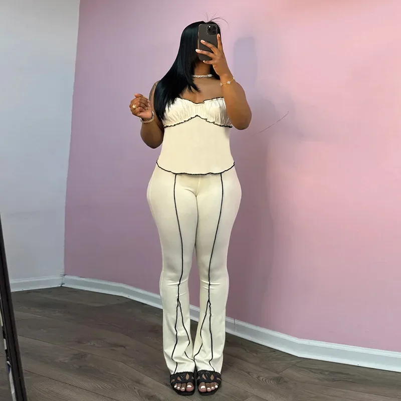 

Stripe Splice Slim 2 Piece Set Women Fashion Ruffles Pleated Camisole Crop Tops + High Waist Flare Pants Casual Summer Suits