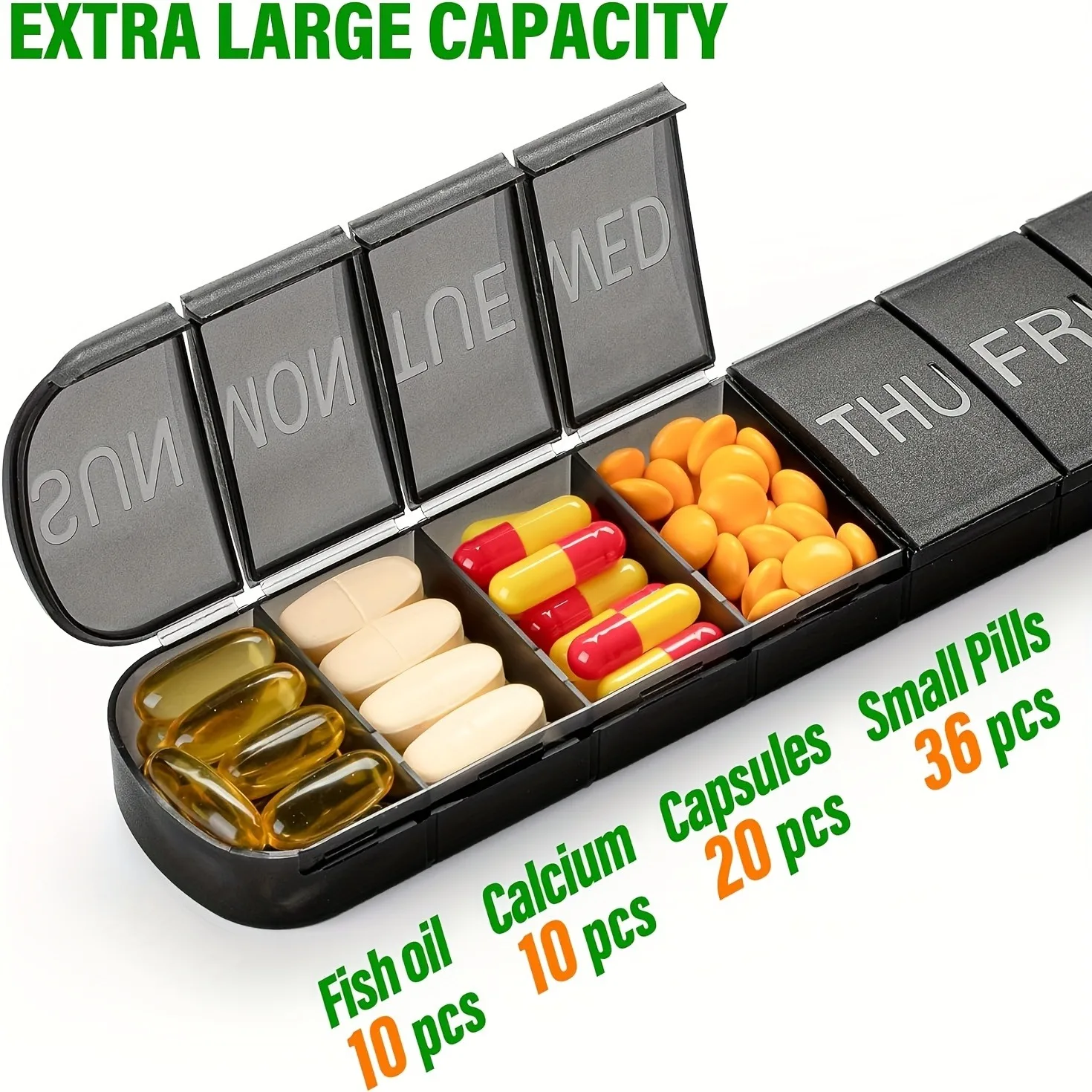 Black transparent matte 7-section long strip medicine box, with separate compartments, date-pressed labels, moisture-proof and d
