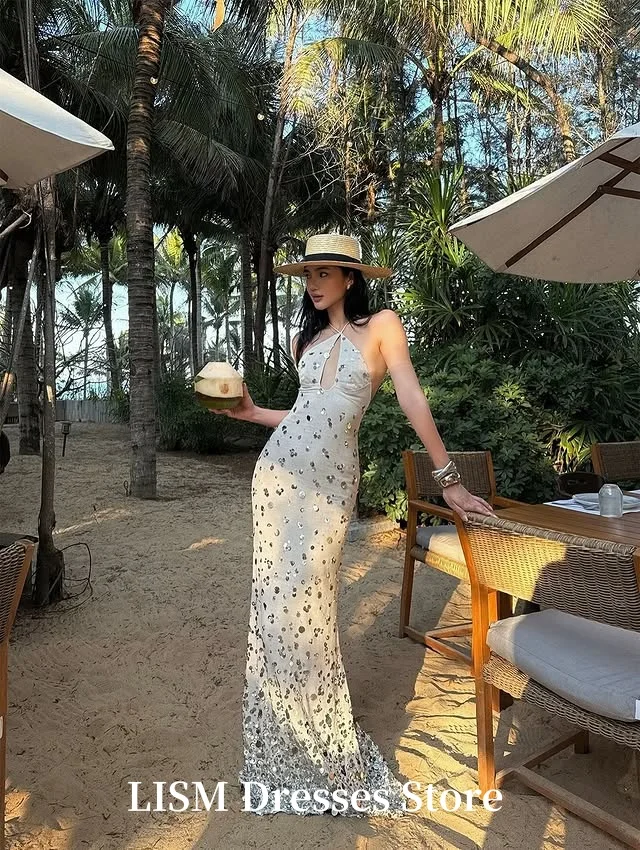 LIAM Halter Zeemeermin Kralen Backless Avondjurken Zijde Satijn Lange Elegante Galajurken Aangepast Voor Feest robe de soirée