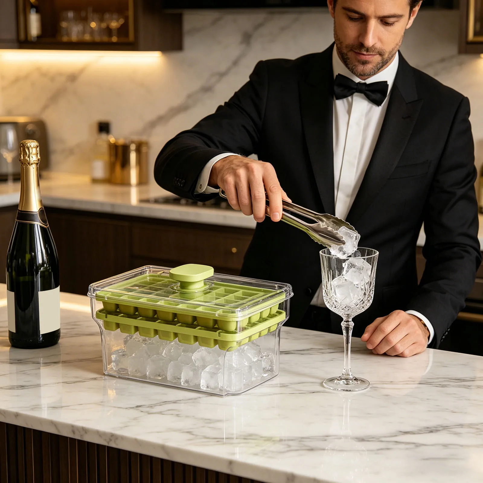 Easy Release Ice Cube Tray Box 48 Grids for Freezer Household Ice Storage Box Stackable Spill- Kitchen Accessories