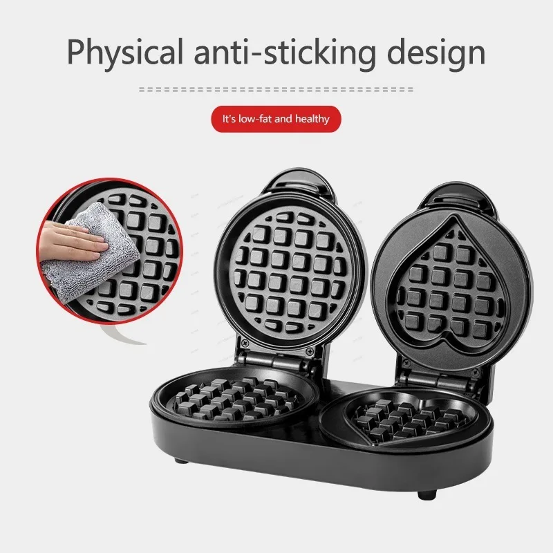 110V Double Plate Waffle Maker, Round & Heart Shape Mini Multifunctional Sandwich Bread Baking Machine for Home Kitchen