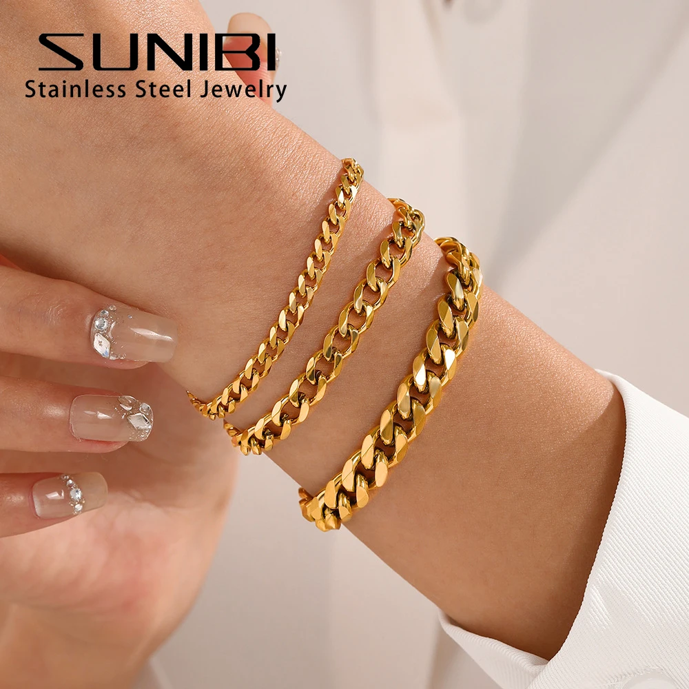 SUNIBI Stainless Steel Bracelets for Women Men 4MM/6MM/8MM Charms Cuban Chain Bracelets Fashion Jewelry Wholesale/Dropshipping