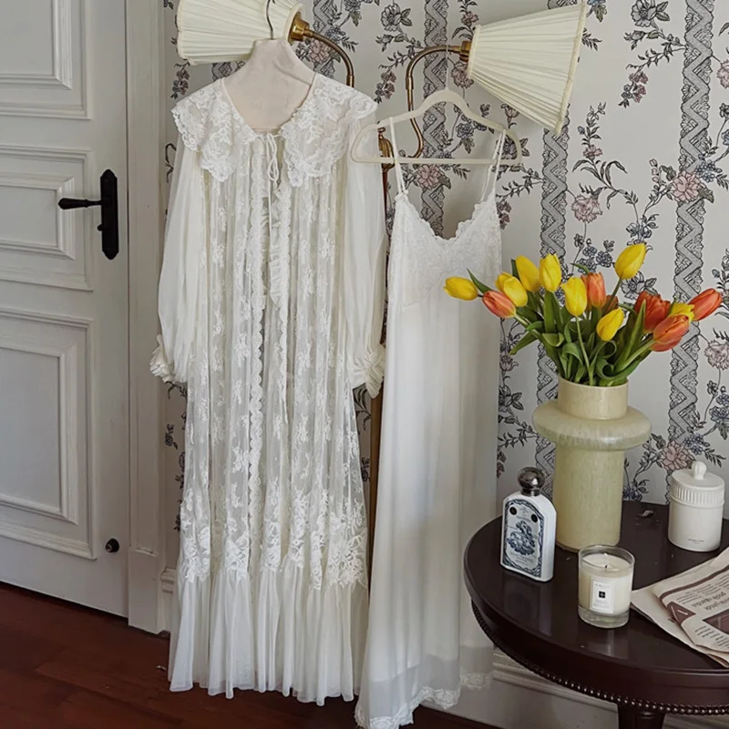 Pinkgoddess Spring and Autumn Vintage Princess Style French Sexy Strap Two Piece Set Lace Sleeping Dress Pajama Women