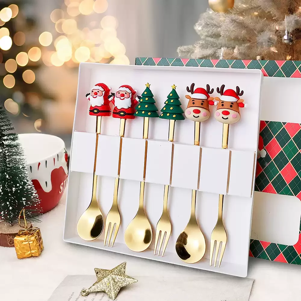 2/4/6Pcs Christmas Fork And Spoon Set,Stainless Steel Creative Tableware,Coffee Tea Dessert Forks And Spoons Gift Set