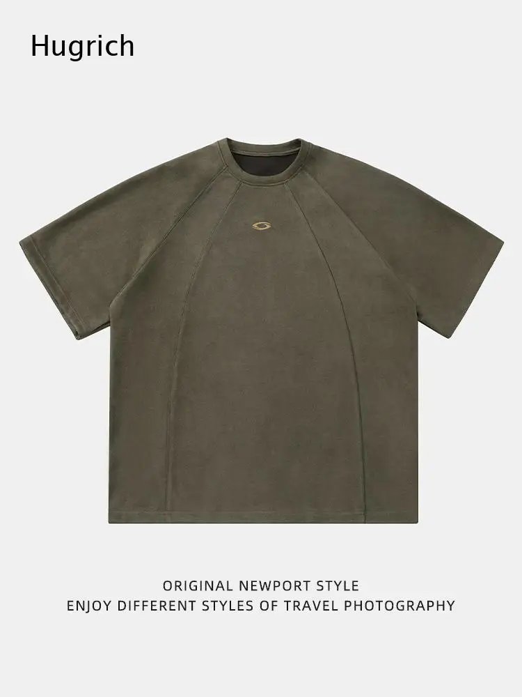 Men Olive Suede Fabric Raglan Sleeve Mini Logo Embroidery Loose Oversized Short Sleeve T Shirt