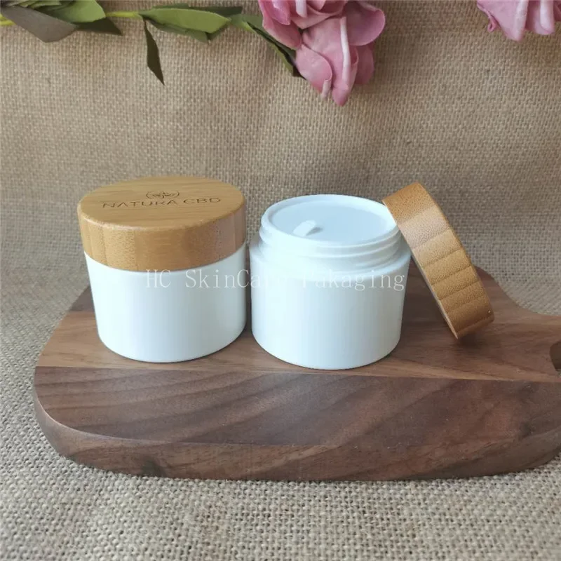 

Cream Container White Plastic With Bamboo Cap ,Face Cream Jar With Bamboo Wood Lid Body Scrub Butter Jars Plastic Containers