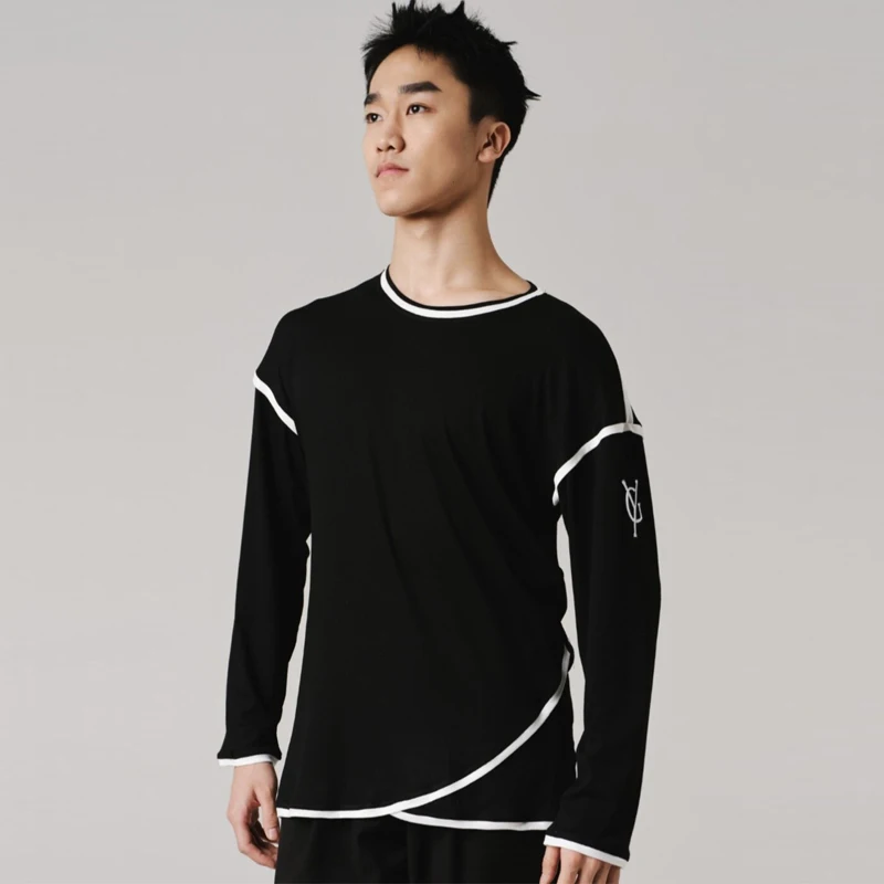 Men'S Long Sleeves Latin Dance Top Adults Rumba Ballroom Dance Shirts Male Black Modern Dancing Tops Practice Wear SL15326