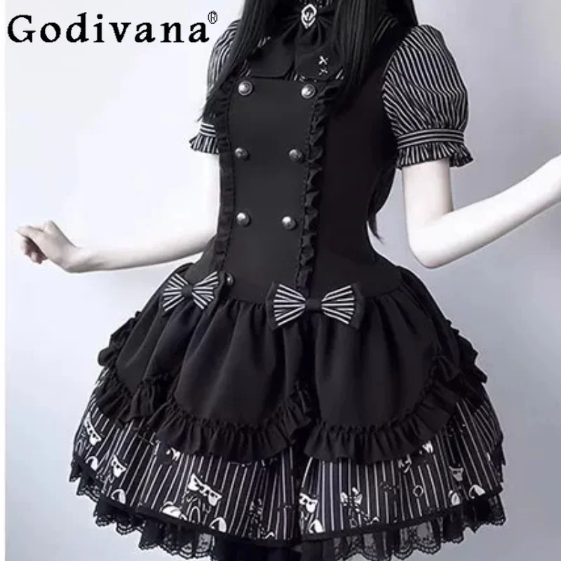 

Dark Gothic Personalized Striped Bow Lolita Suspender Dress Fashion Subculture Short Sleeve Versatile Shirt Princess Party Sets