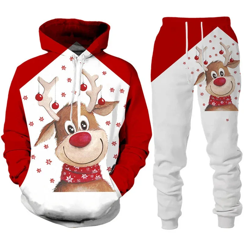 

New Christmas Reindeer 3D Print Hoodie Pant Sets Men's Sweatshirts Sweatpants Streetwear Two Piece Suits Tracksuit Men Clothing