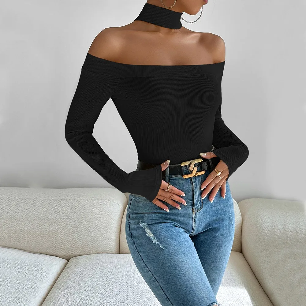 Off Shoulder Long Sleeve T Shirt Asymmetrical Casual with Cropped T Shirts Private Celebrity Irregular Neckline Summer for Women