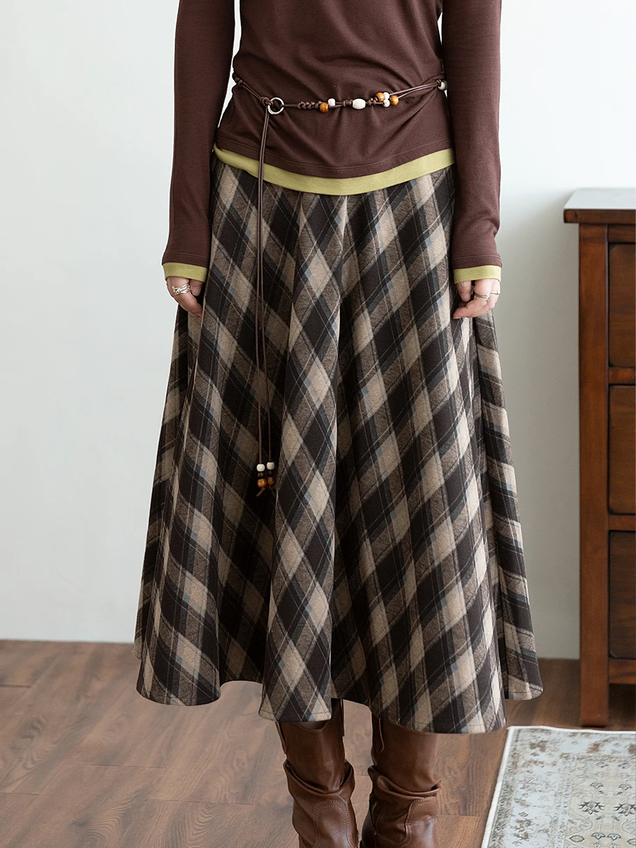 

Retro Plaid Woolen f Skirt Women's Autumn Winter New Sle Elastic Waist High Waist Slimming Mid-Length A-Line Skirt