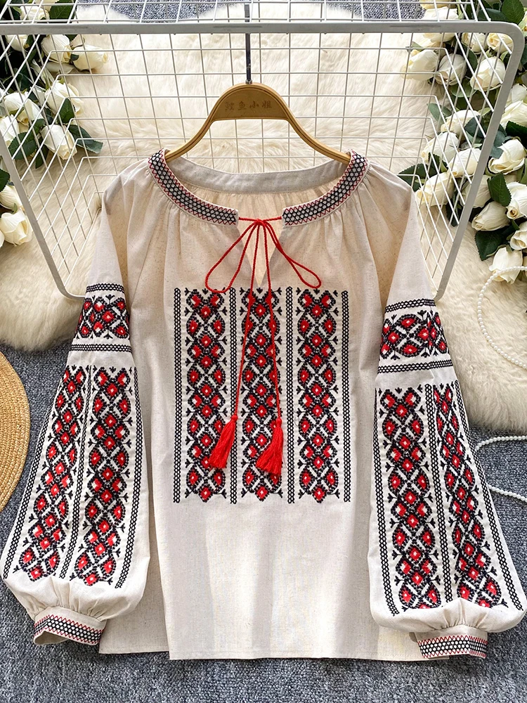 

Женская осенняя блузка в богемном стиле в этническом стиле, рубашка с вышивкой, свободный топ с рукавами-фонариками, женские пуловеры, 3 цвета, BL246