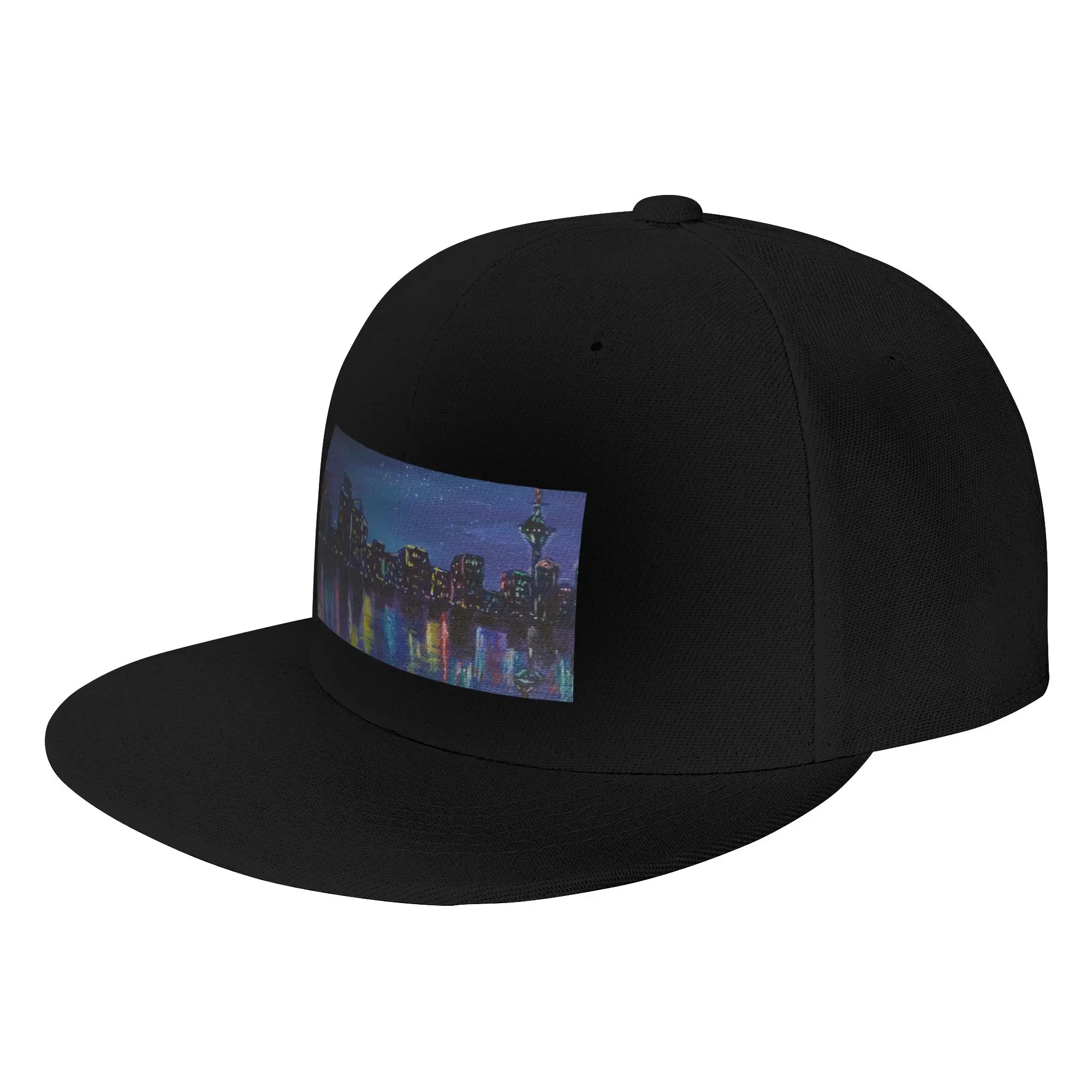 Fashion Colourful Cityscape at night reflecting on water acrylic painting Flat Brim Sun Hat  Suitable For Square Faces Black Cap