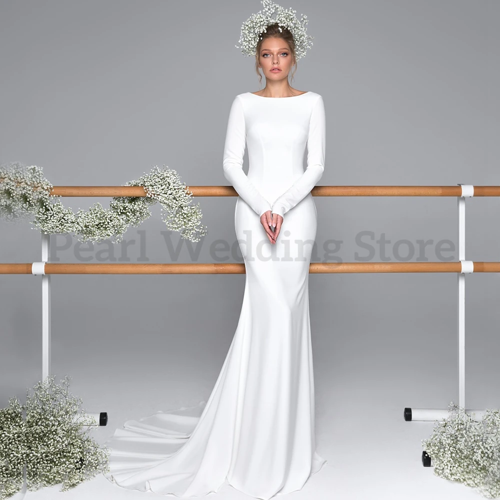 Einfache Sexy Löffel Neck Backless Braut Langen Ärmeln Meerjungfrau Hochzeit Kleid Elegante Braut Kleider Taste Dekoration فستان الزفاف