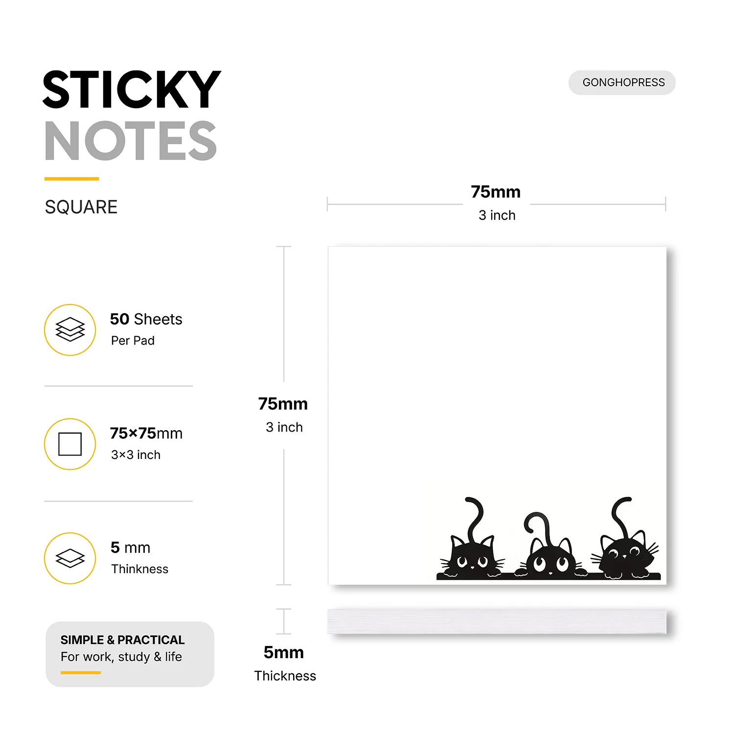 2pcs Cute Black Cat Sticky Notes, Kawaii Self Stick Memo Pads, Aesthetic Cat Notepad, Removable Adhesive Notes for Planner