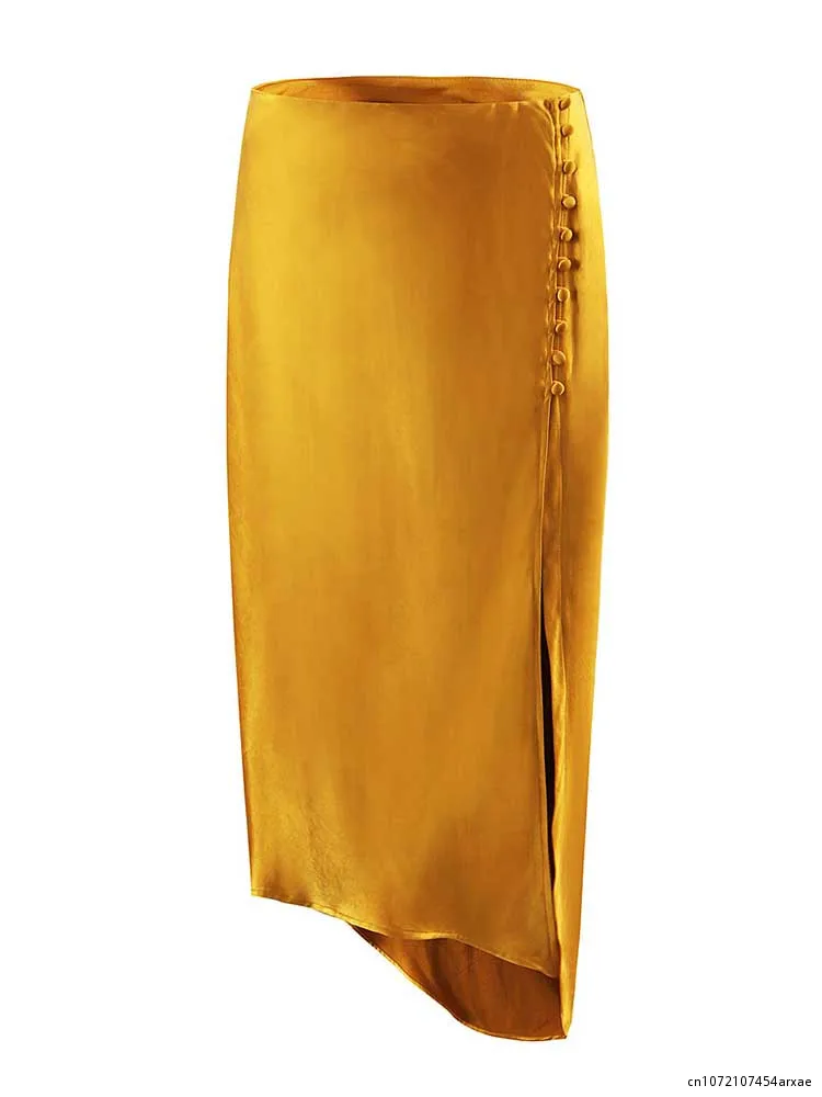 2023 Women New Design Summer Skirt Solid Yellow Green High Waist Female Side Split Sexy Ladies Silk Skirts