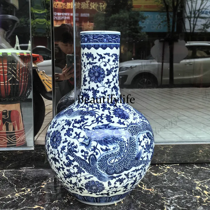 Ceramic floor-to-ceiling large vase hand-painted blue and white porcelain tangled lotus, bottle 56cm living room ornament
