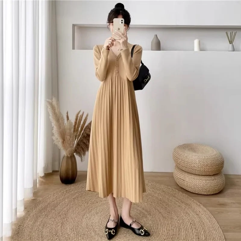 

Women's Knitted Length Skirt Full Sleeve Button V-neck Elegant Solid Color Sexy Fashion Robe Ladies Sweater Clothes Dress