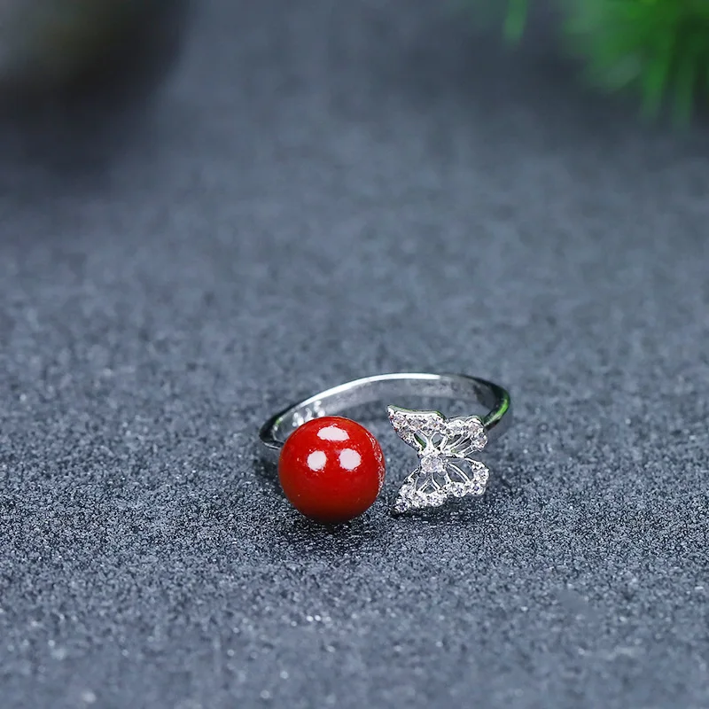 

Cinnabar Round Bead Butterfly Crown Ring Women's Small and Exquisite