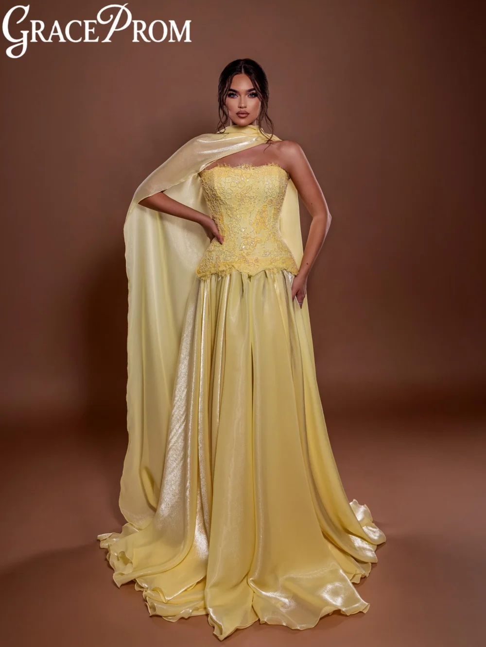 

Yellow Shinny Beaded Lace Evening Dress Structured Corset Elegant A-line Wedding Party Gown Customized Long Banquet Dresses