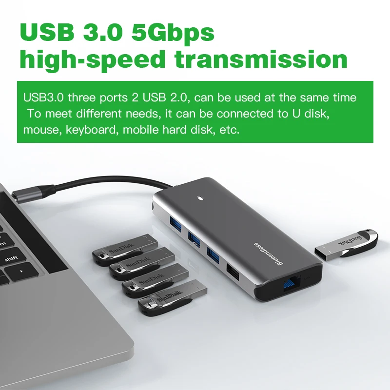 Blueendless وصول جديد الألومنيوم USB C إلى 10 في 1 محور 4k 60hz نوع c HDTV 100 واط مع pd لماك بوك برو اكسسوارات SSD