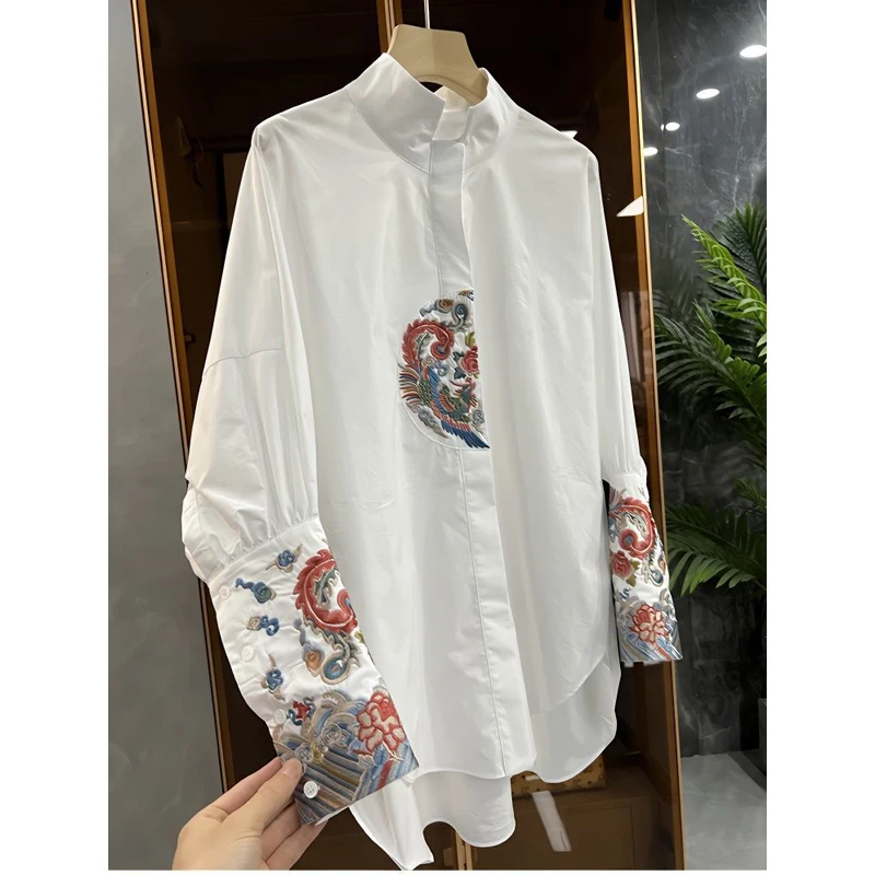 Spring Autumn New Turn-down Collar Long Sleeve Shirt Women High Street Casual Mid-length Cardigan Button Embroidered Vintage Top