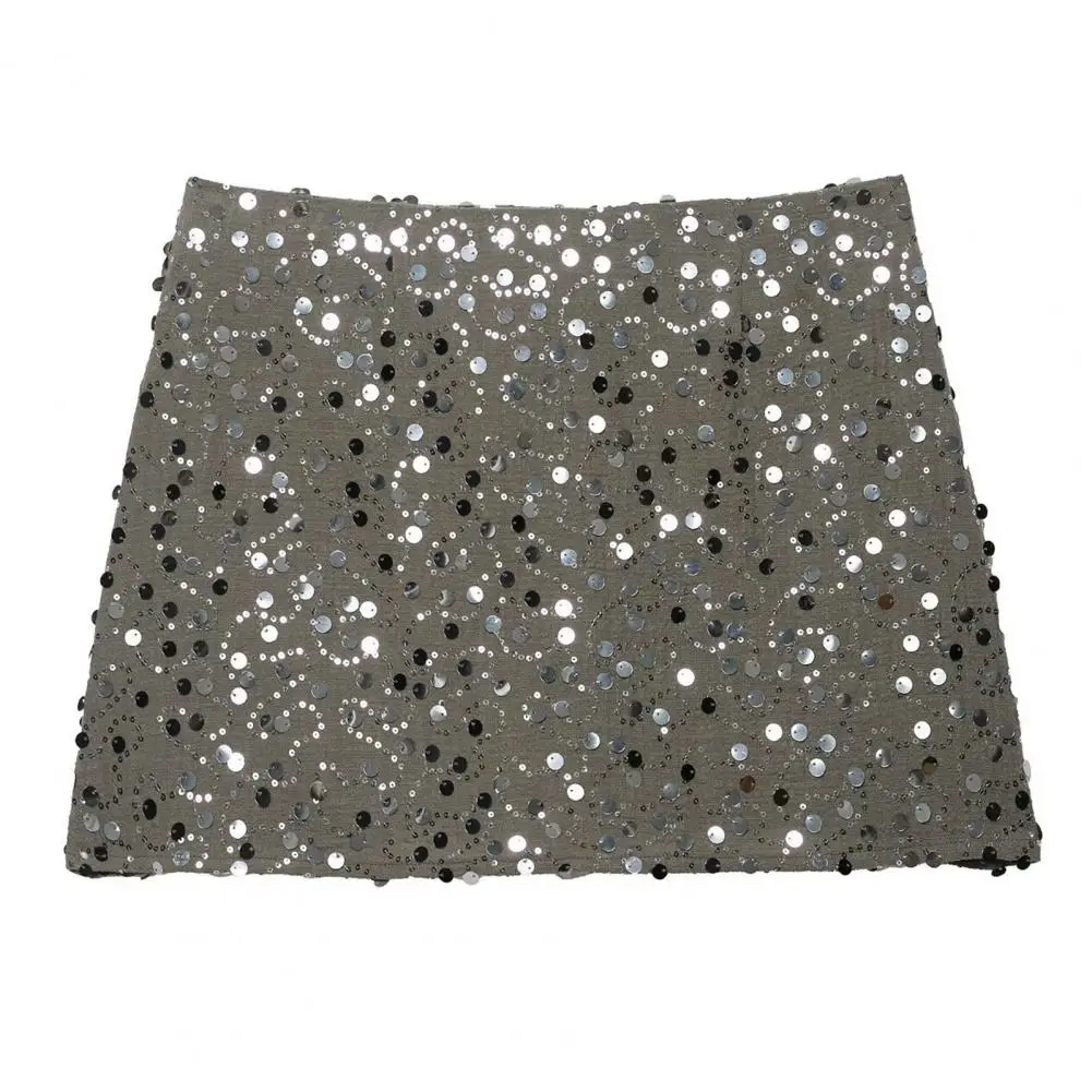 

Lined Sequin Skirt Sequins Mini Skirt with Front Twist Detail Side Slit Nightclub Short Skirt for Women Hidden Zipper Closure