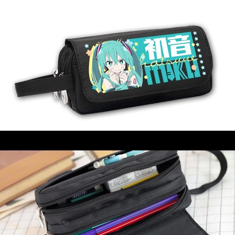 กล่องเครื่องเขียนฮัตสึเนะ มิคุแบบใหม่ พิมพ์ลายการ์ตูนคุณภาพสูง ความจุขนาดใหญ่ พกพาสะดวกสำหรับนักเรียน กล่องดินสอผ้าแคนวาสกันเปื้อน