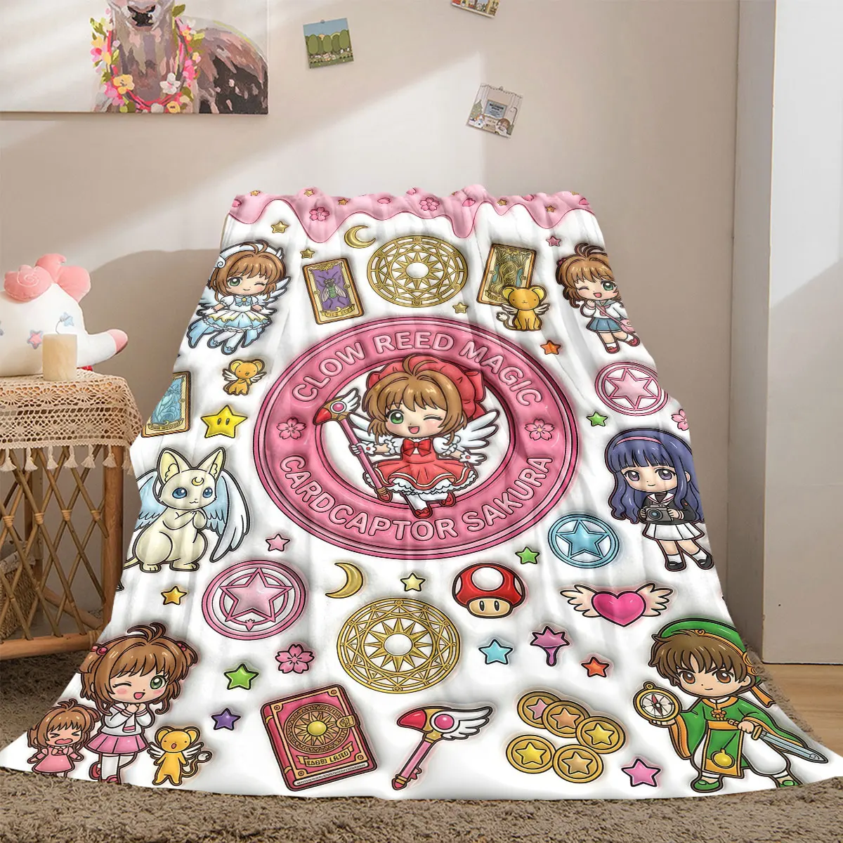Cardcaptor Sakura Bold 2D Print Flannel Blanket, Cartoon Pattern for Bed, Cozy Travel Picnic Essentials Blanket_LIAN