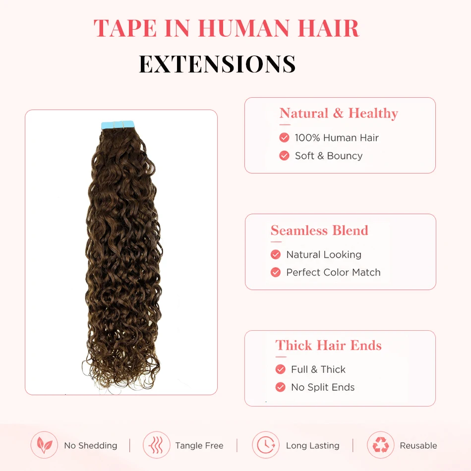 Extensions de Cheveux Naturels Ondulés Brun Foncé 2 #, Postiche de Trame de Peau, 2g par Pièce